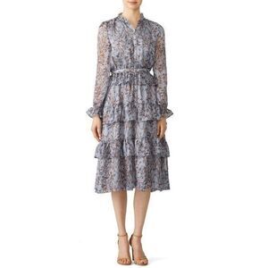 SLATE & WILLOW Blue Floral Chiffon Tiered Longsleeves Dress MEDIUM